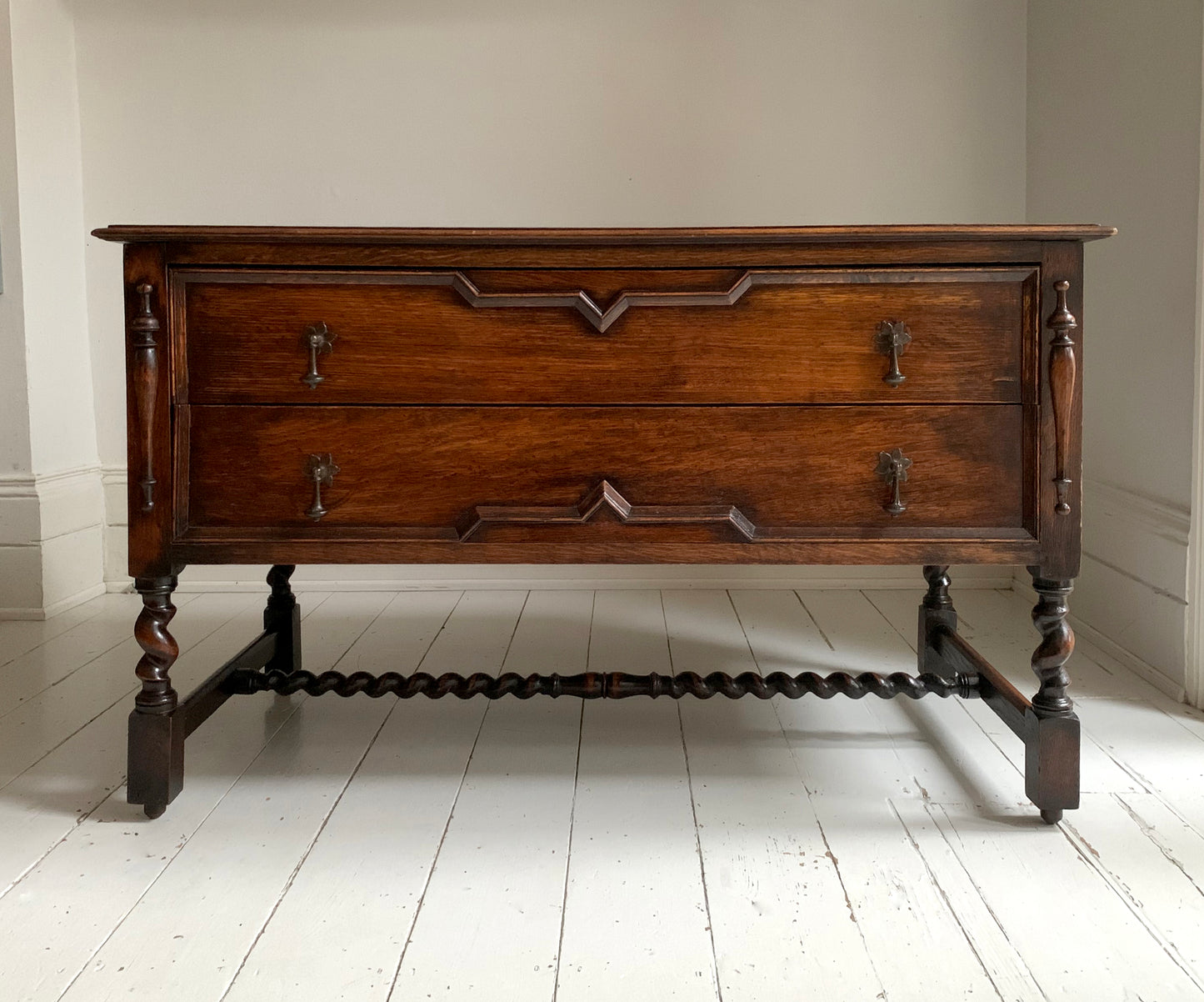 Elegant Edwardian Two Drawer Jacobean Revival Oak Chest of Drawers