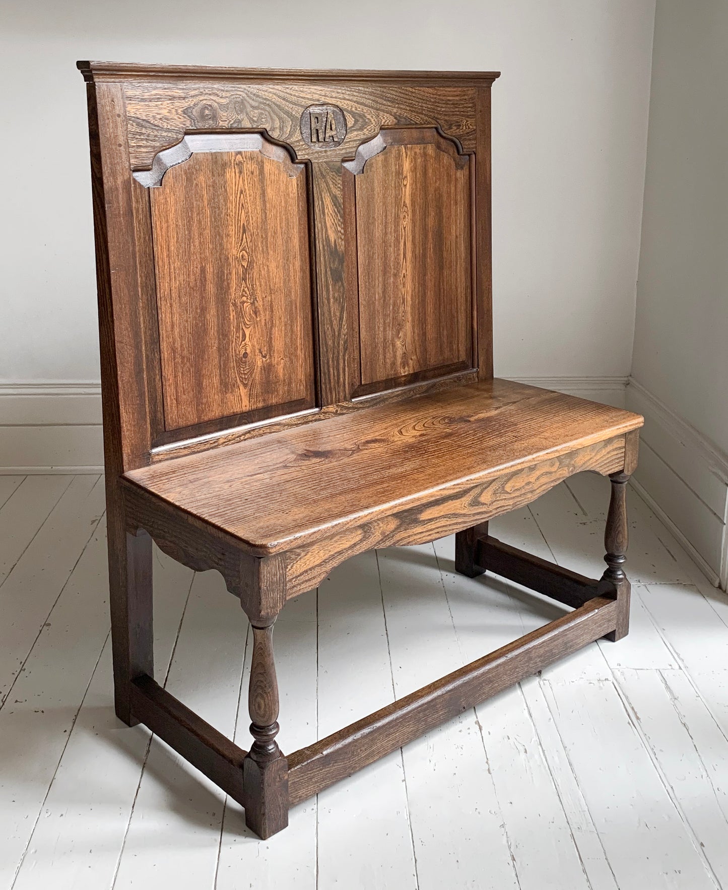 Antique Oak Panelled Back Settle Without Arms with RA Initial Carving / 91cm
