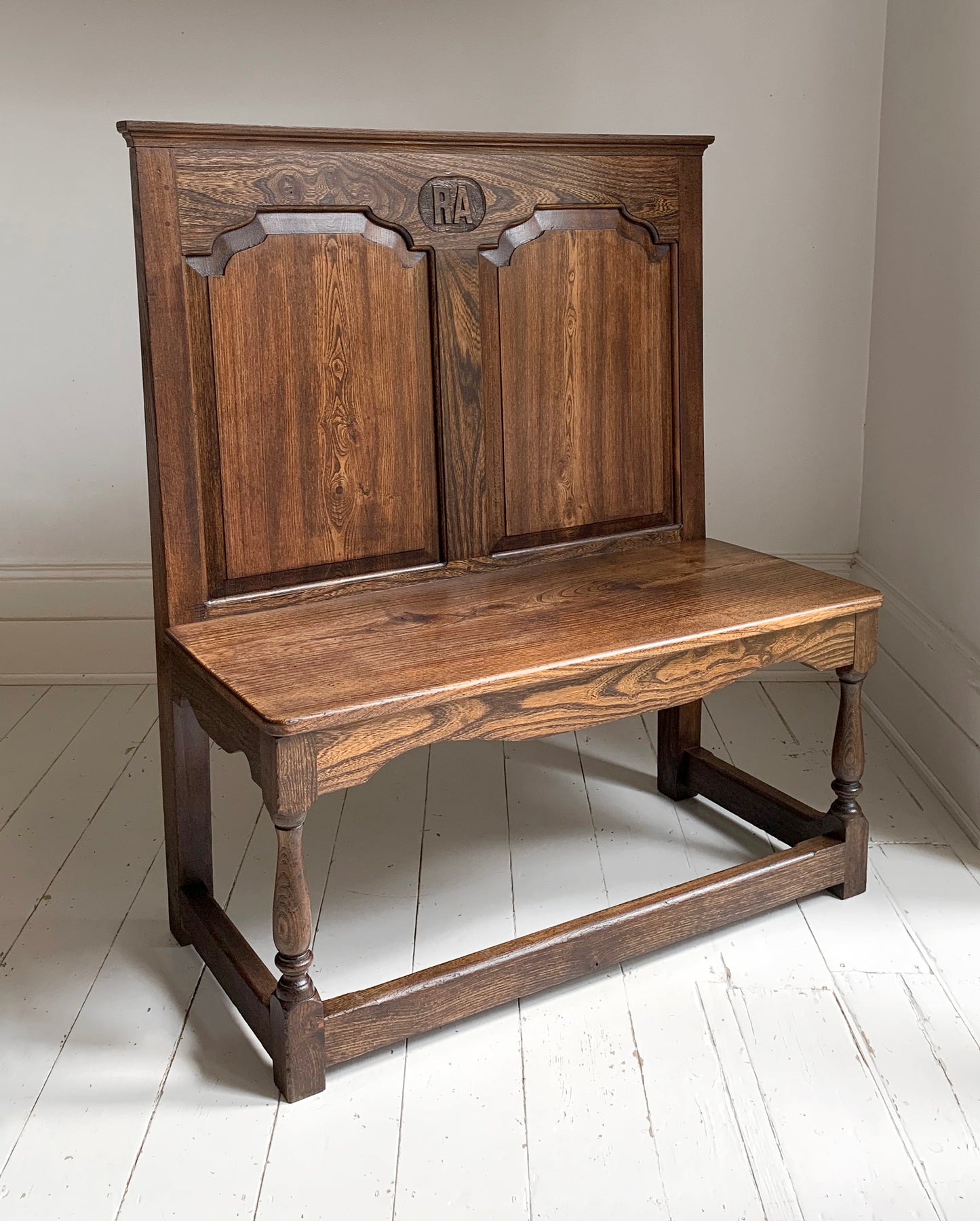 Antique Oak Panelled Back Settle Without Arms with RA Initial Carving / 91cm