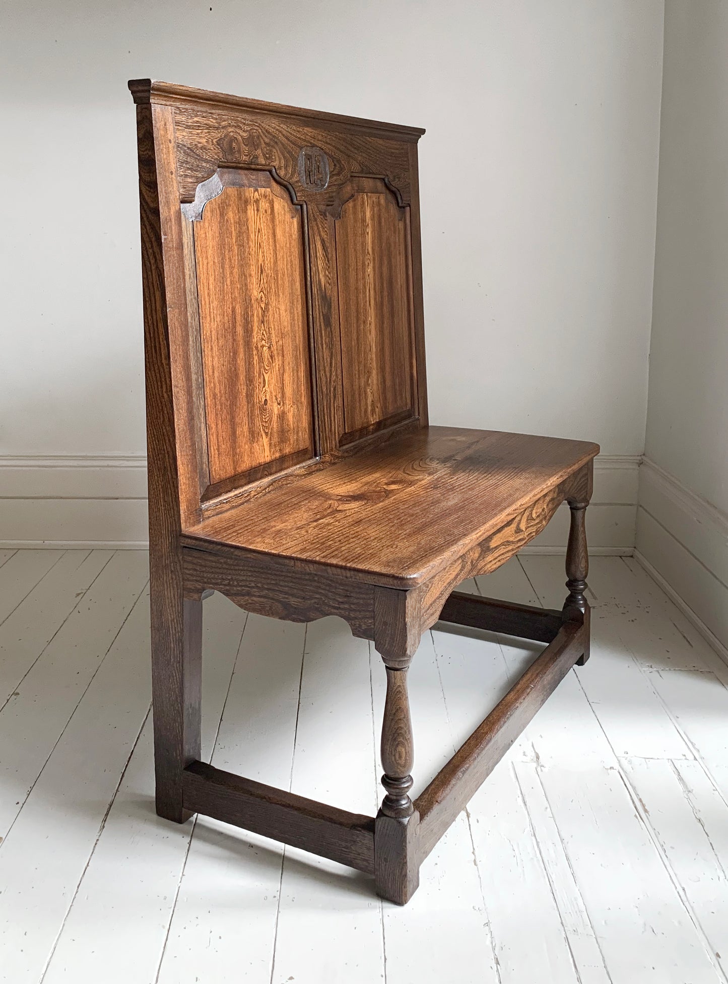 Antique Oak Panelled Back Settle Without Arms with RA Initial Carving / 91cm