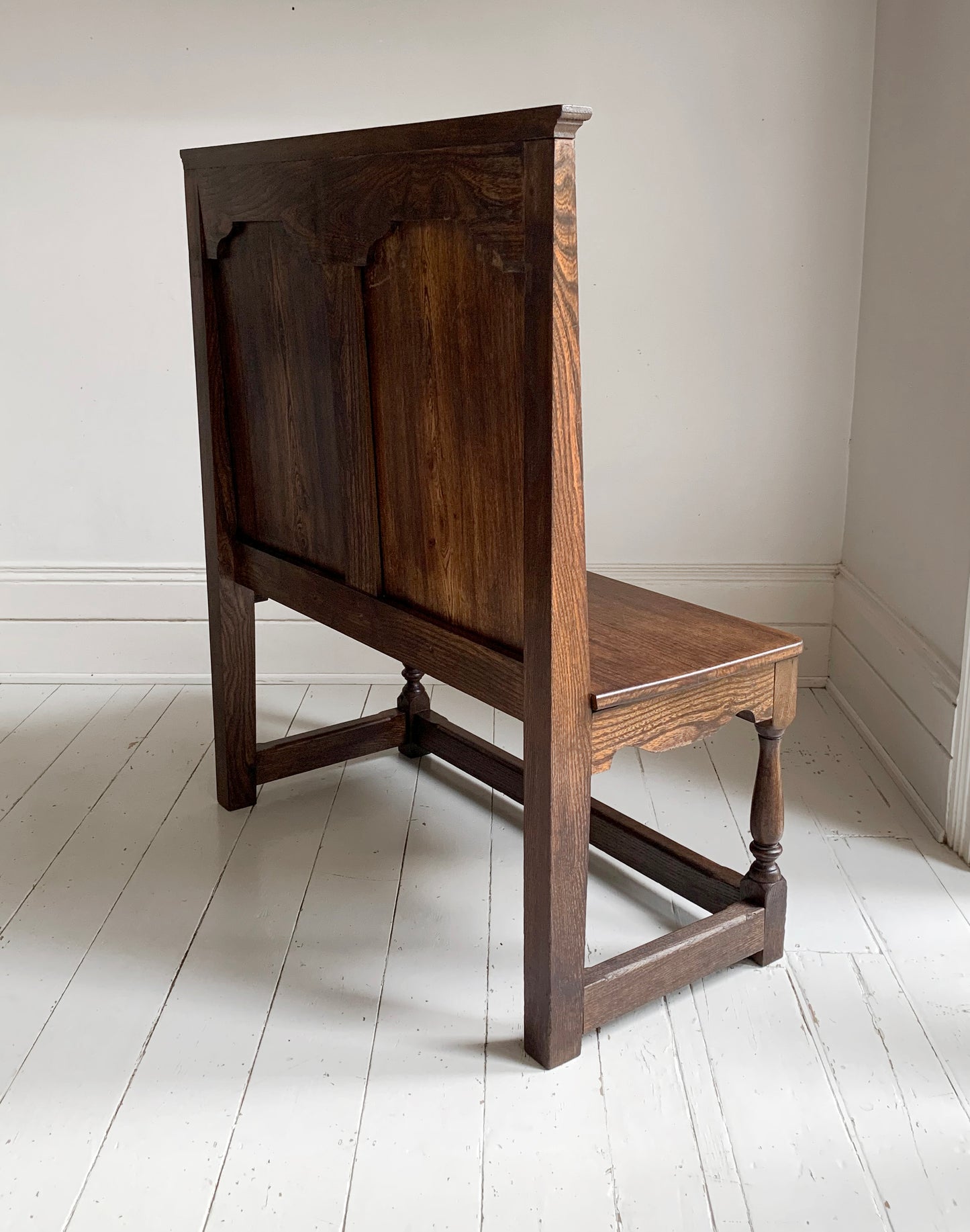 Antique Oak Panelled Back Settle Without Arms with RA Initial Carving / 91cm