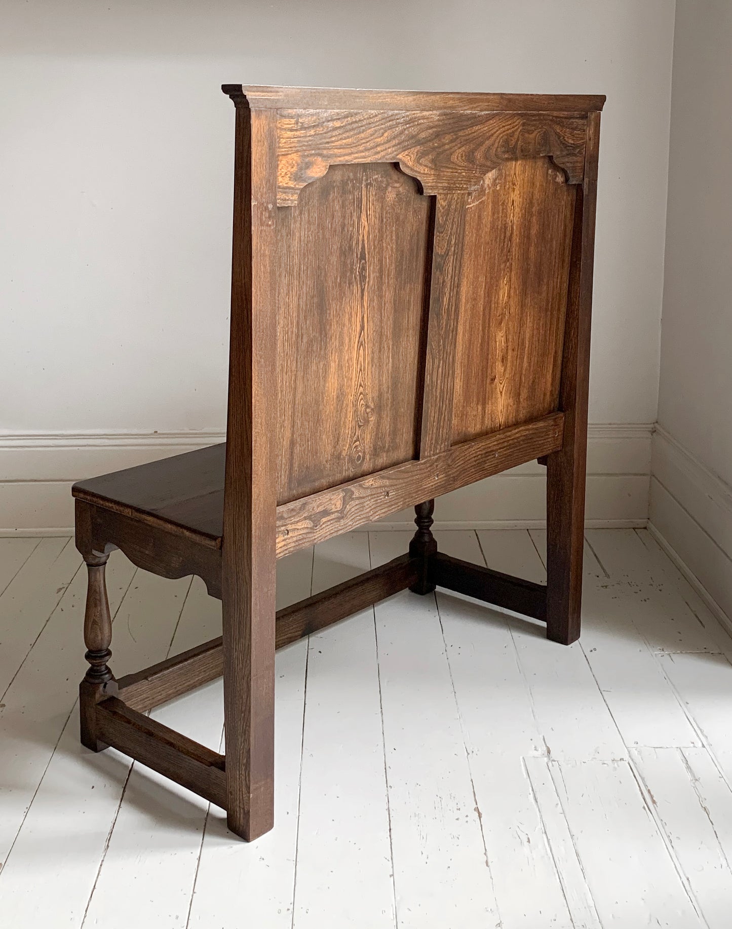 Antique Oak Panelled Back Settle Without Arms with RA Initial Carving / 91cm