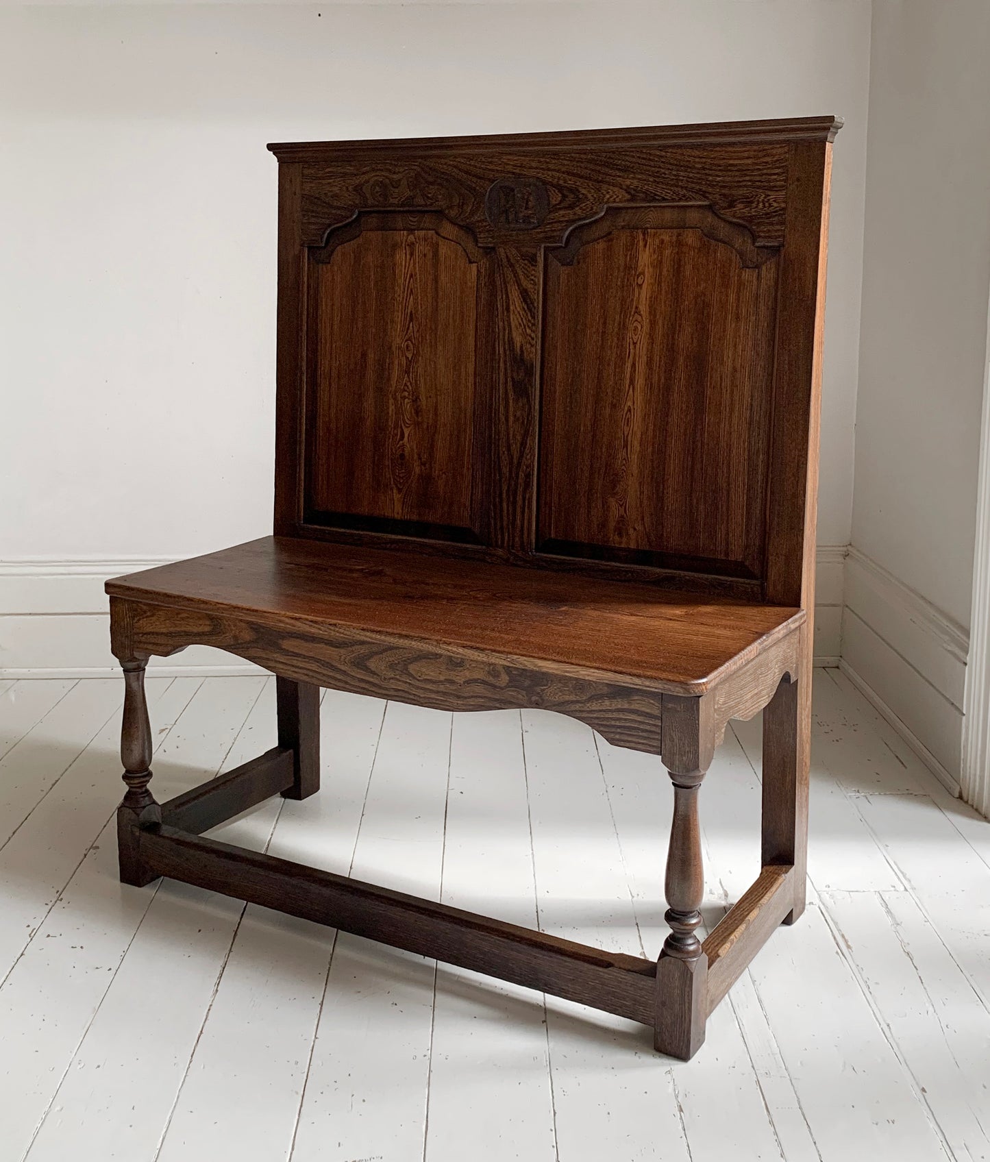Antique Oak Panelled Back Settle Without Arms with RA Initial Carving / 91cm