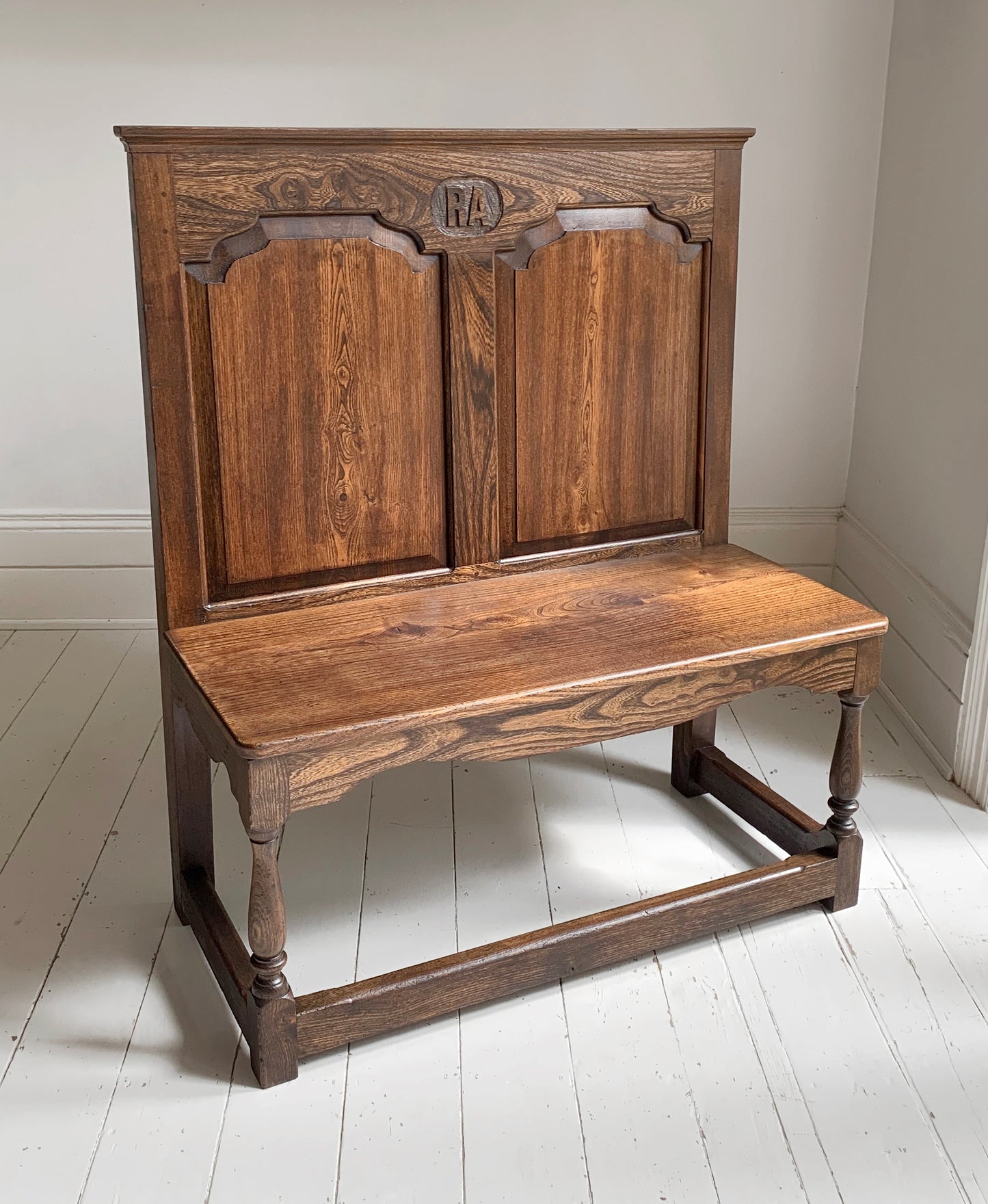 Antique Oak Panelled Back Settle Without Arms with RA Initial Carving / 91cm