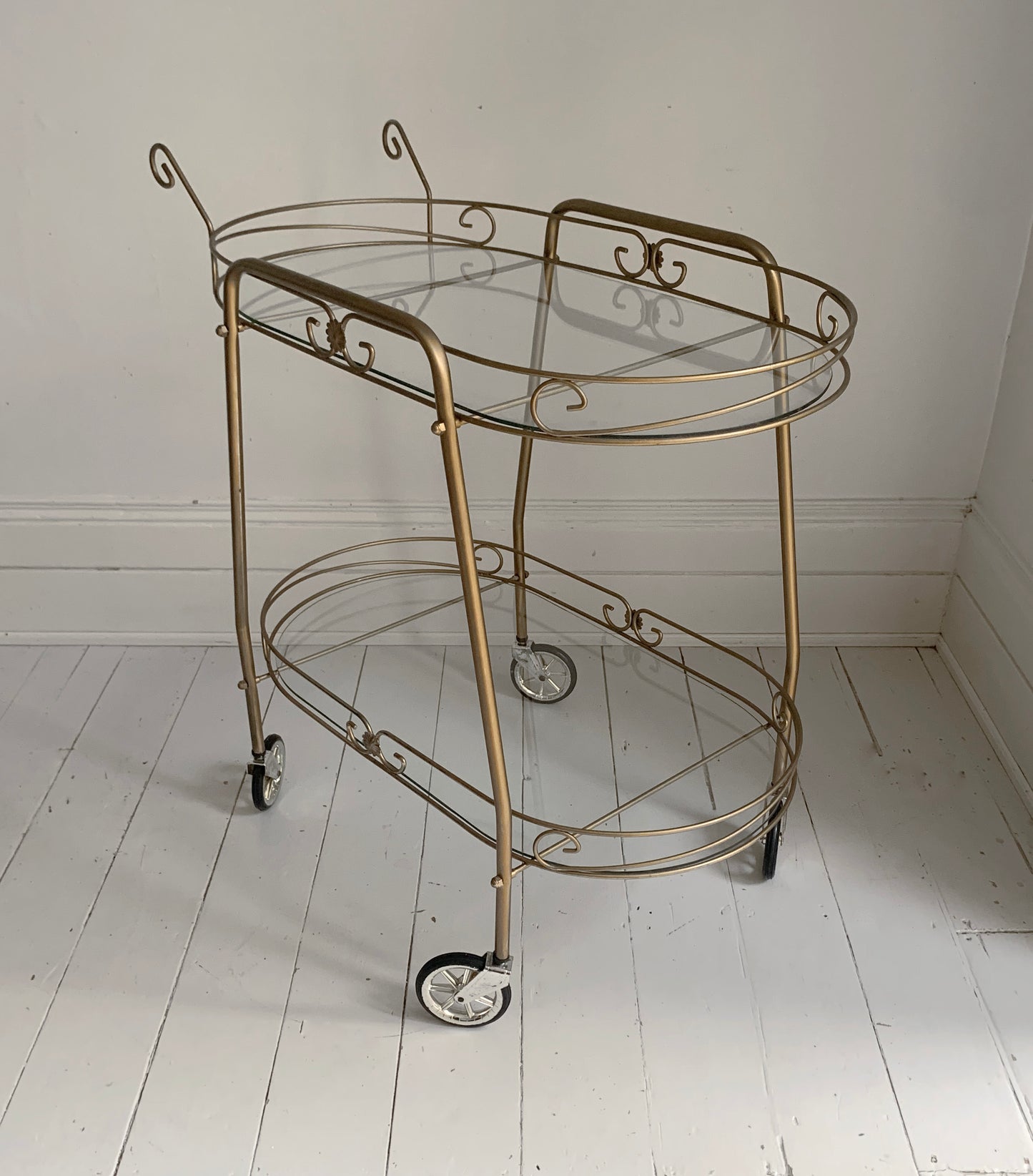 Mid Century Modern, Two Tier Brass Effect & Glass Cocktail Drinks Trolley Bar Cart