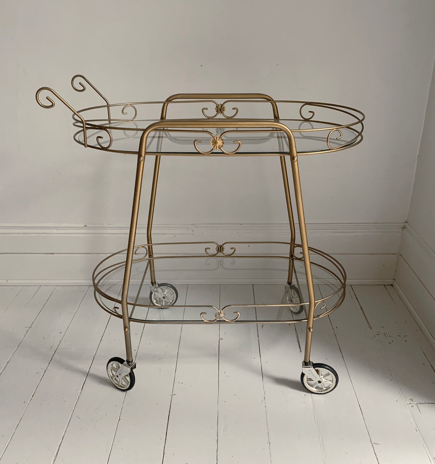Mid Century Modern, Two Tier Brass Effect & Glass Cocktail Drinks Trolley Bar Cart