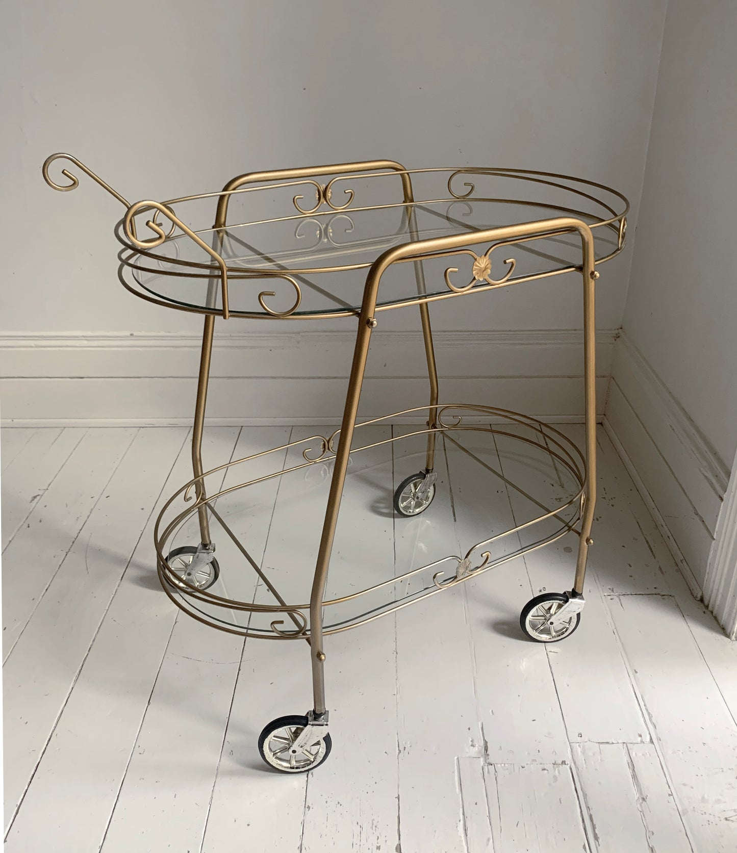 Mid Century Modern, Two Tier Brass Effect & Glass Cocktail Drinks Trolley Bar Cart