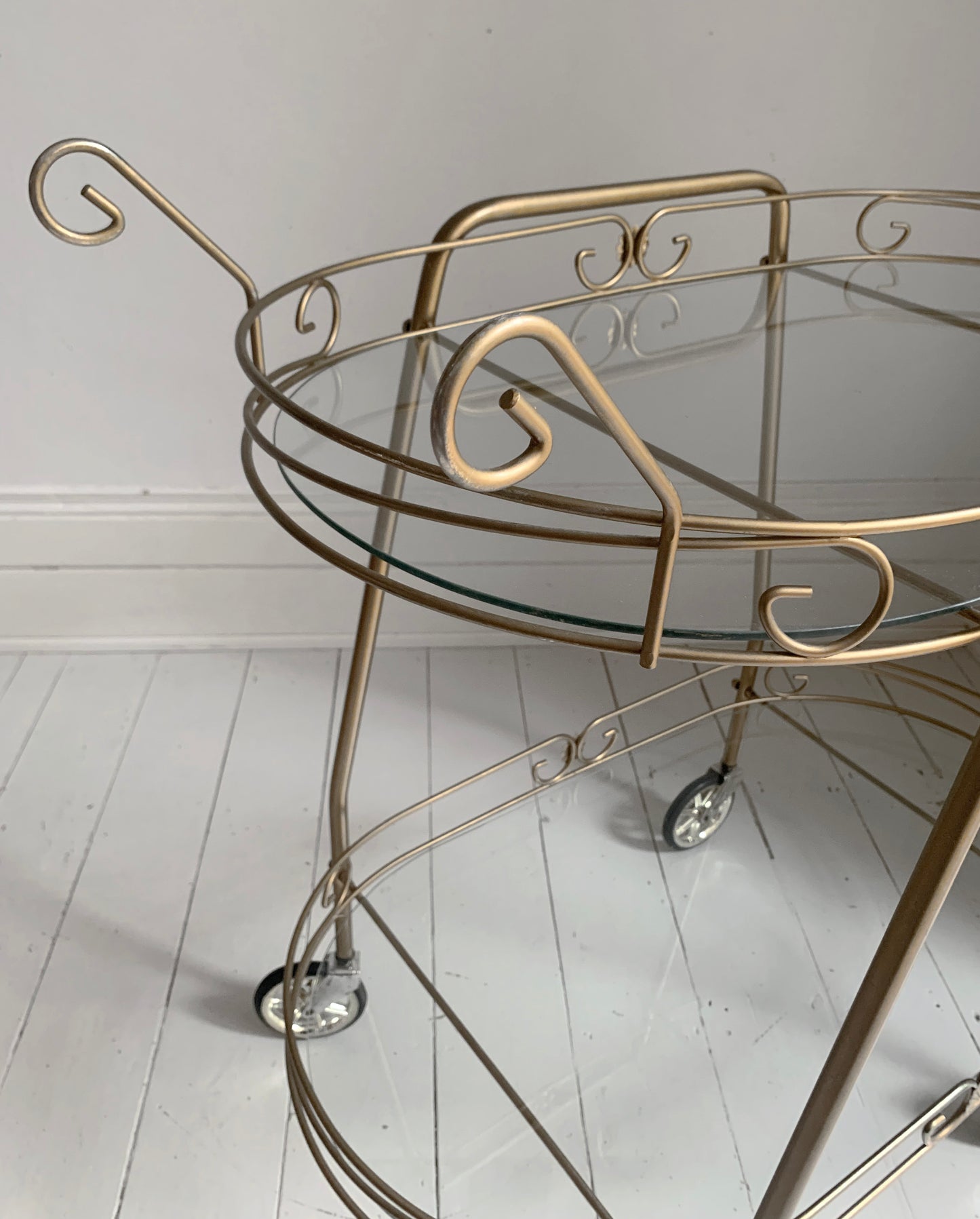 Mid Century Modern, Two Tier Brass Effect & Glass Cocktail Drinks Trolley Bar Cart