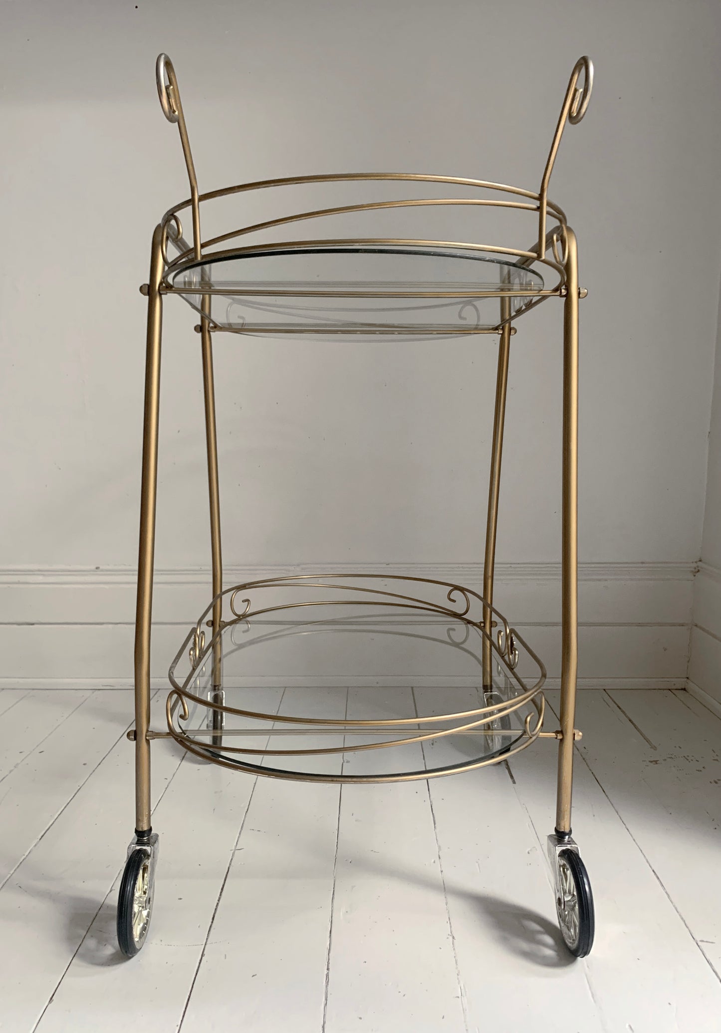 Mid Century Modern, Two Tier Brass Effect & Glass Cocktail Drinks Trolley Bar Cart