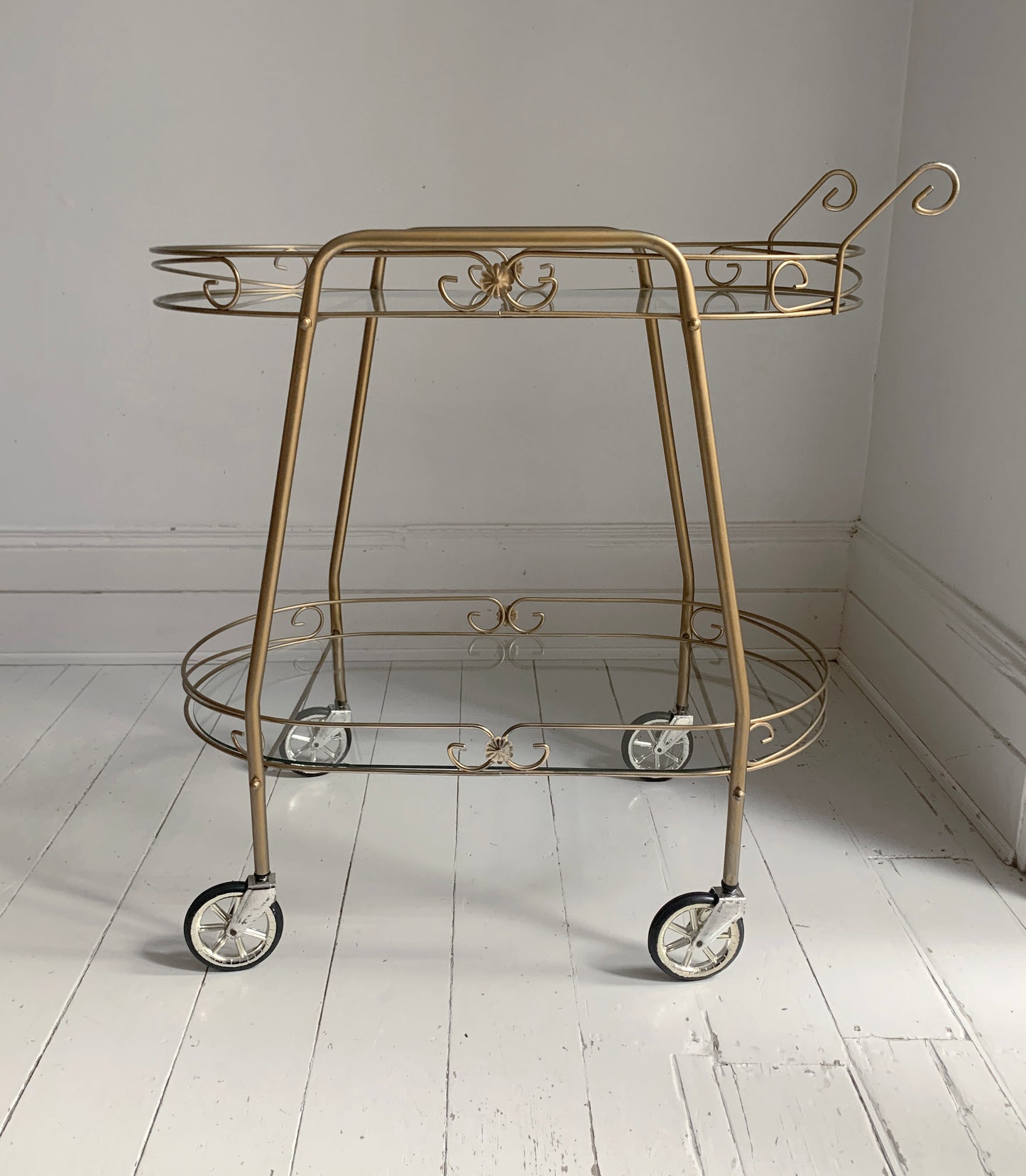 Mid Century Modern, Two Tier Brass Effect & Glass Cocktail Drinks Trolley Bar Cart