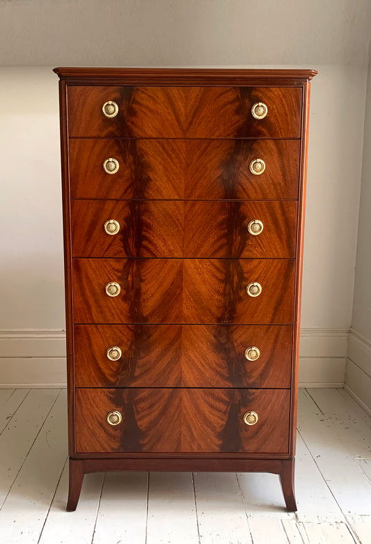 Antique Flame Mahogany Six Drawer Tallboy Chest of Drawers - 1930s