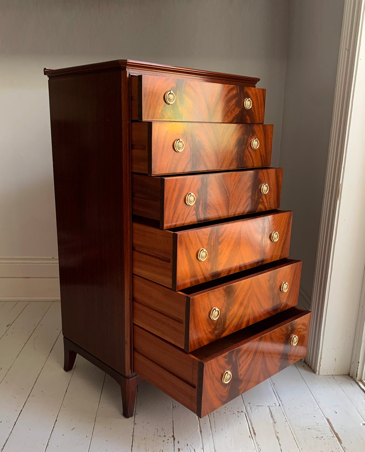 Antique Flame Mahogany Six Drawer Tallboy Chest of Drawers - 1930s