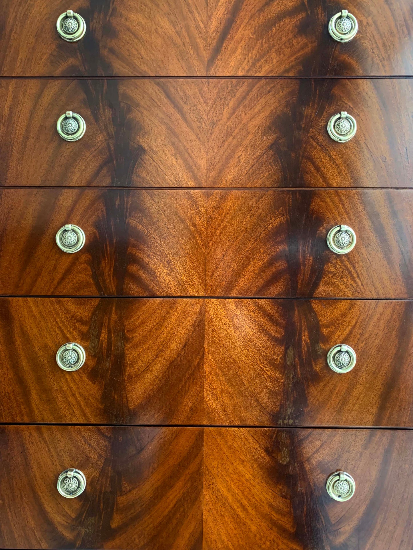 Antique Flame Mahogany Six Drawer Tallboy Chest of Drawers - 1930s