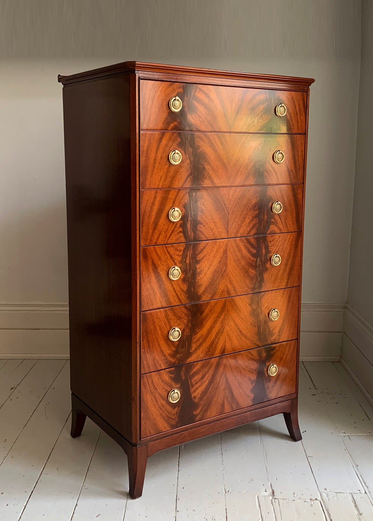Antique Flame Mahogany Six Drawer Tallboy Chest of Drawers - 1930s