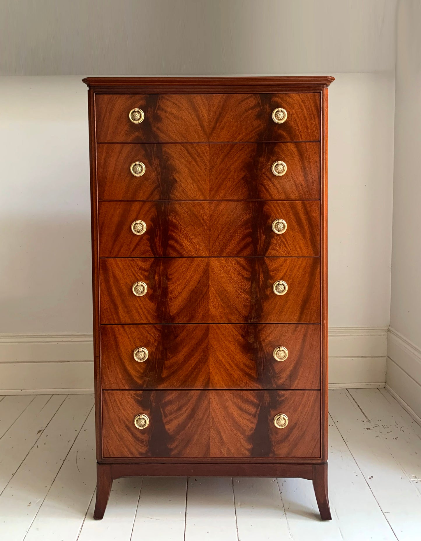 Antique Flame Mahogany Six Drawer Tallboy Chest of Drawers - 1930s