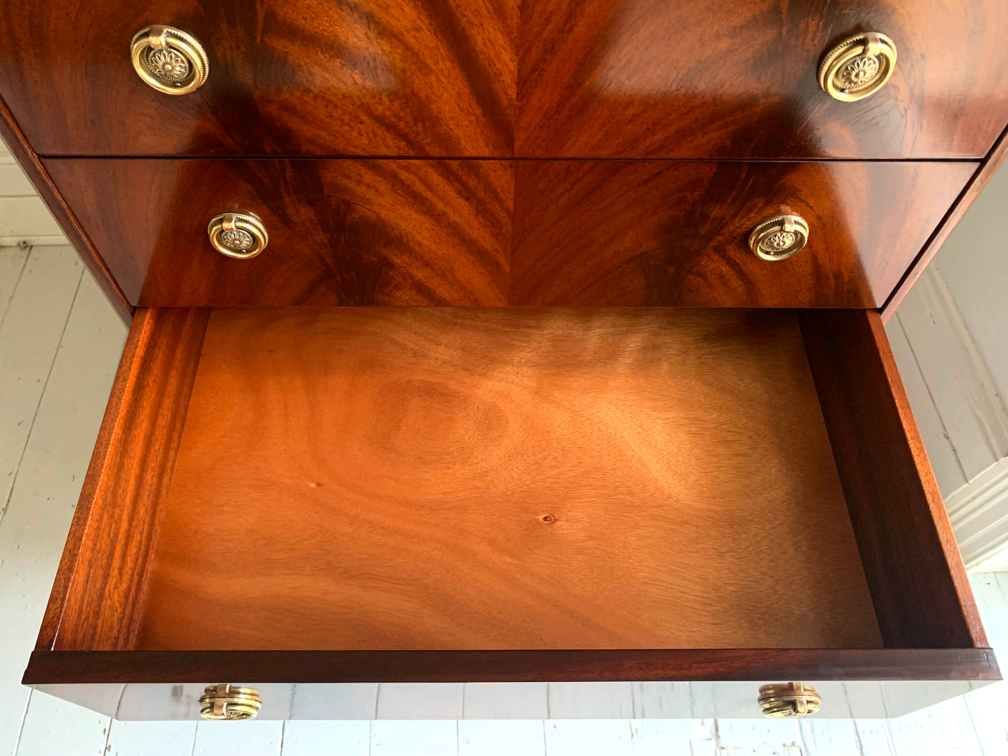 Antique Flame Mahogany Six Drawer Tallboy Chest of Drawers - 1930s