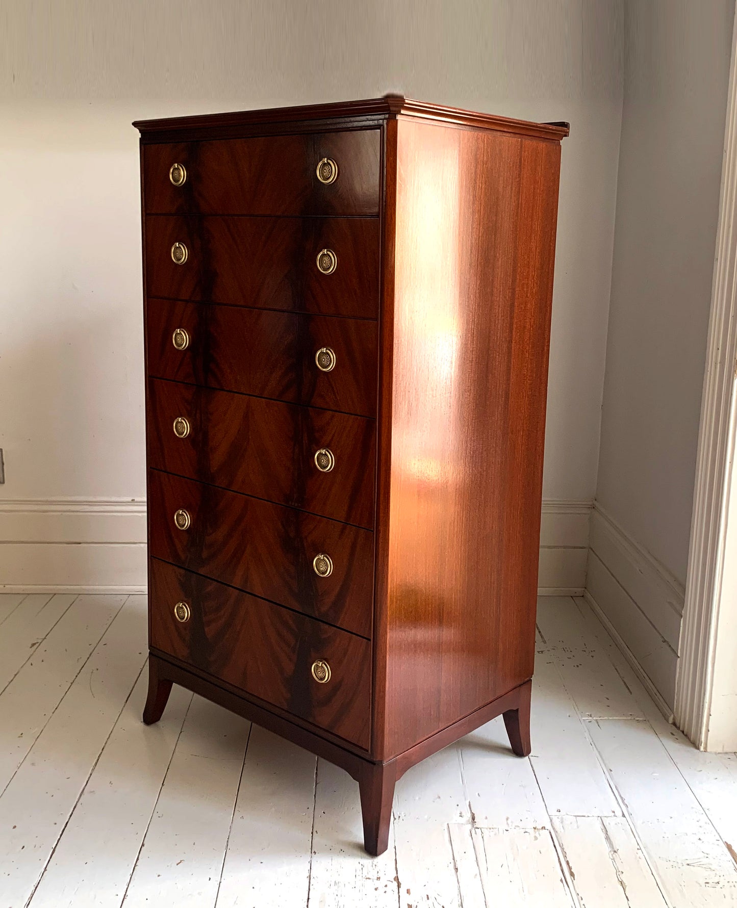 Antique Flame Mahogany Six Drawer Tallboy Chest of Drawers - 1930s