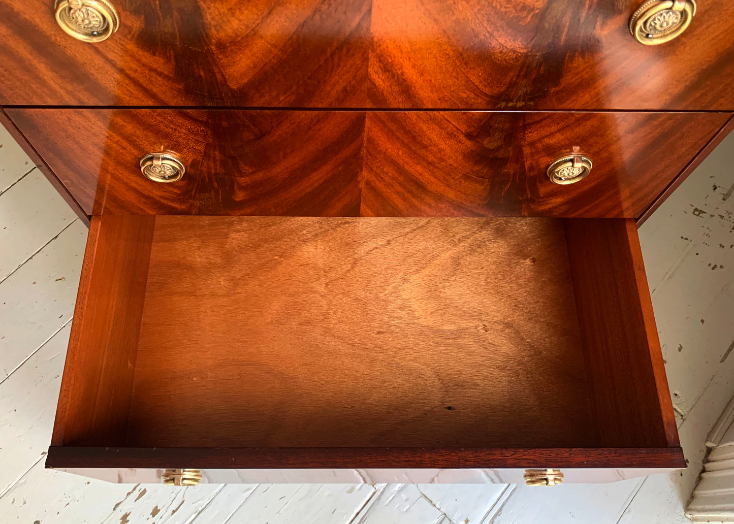 Antique Flame Mahogany Six Drawer Tallboy Chest of Drawers - 1930s