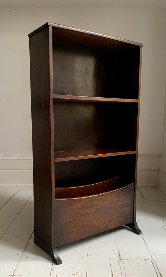 Vintage 1930s Narrow Oak Bookcase With Two Shelves And Magazine Rack