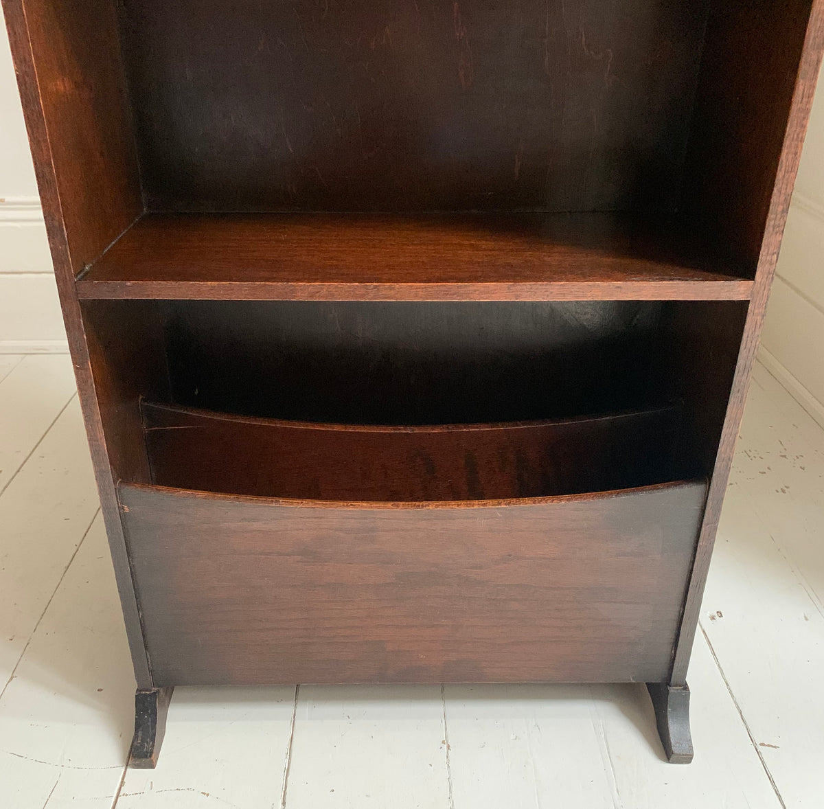 Vintage 1930s Narrow Oak Bookcase With Two Shelves And Magazine Rack