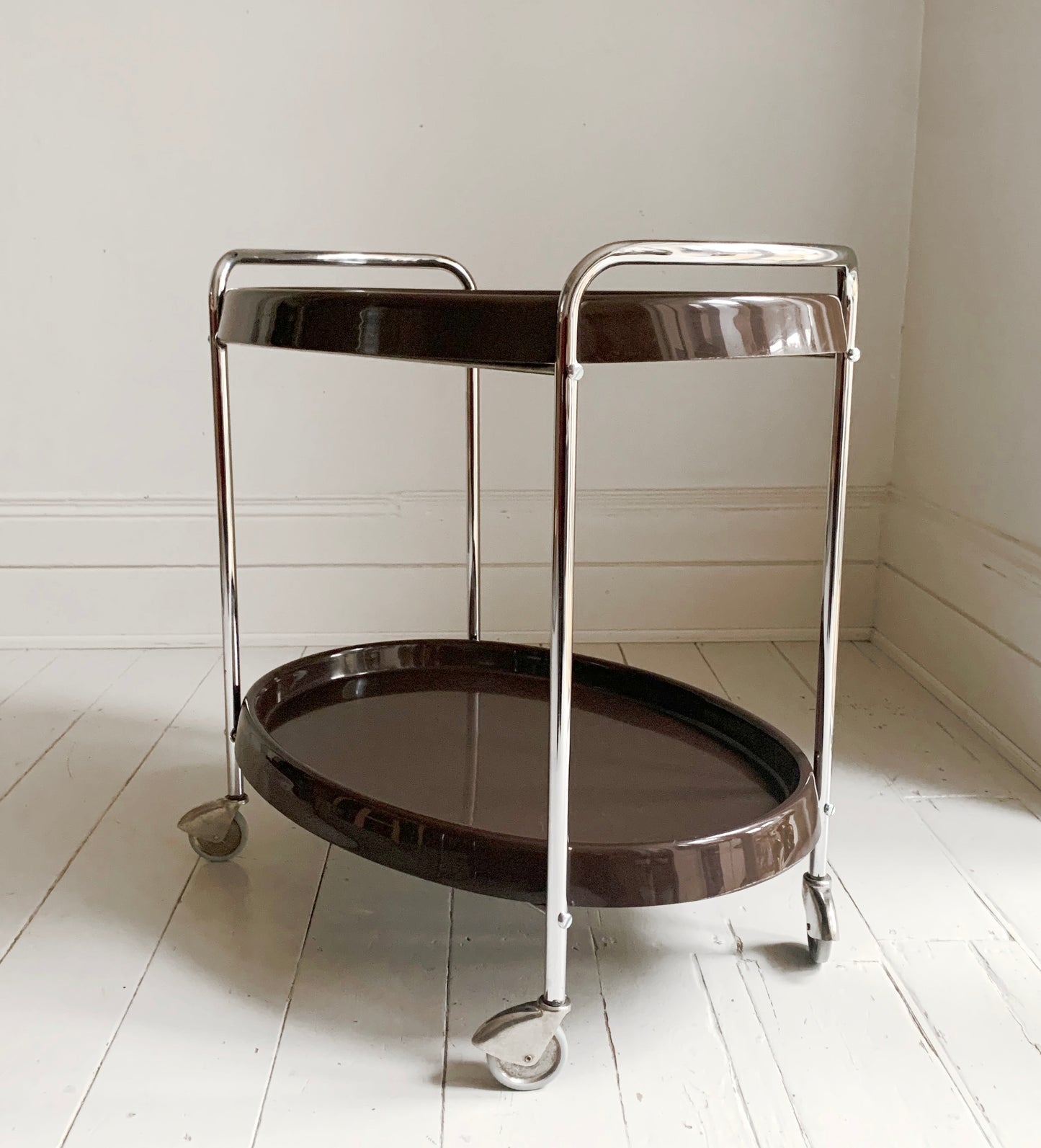 Vintage 1970's Bar Cart / Drinks Trolley / Mid Century Modern Chocolate & Chrome