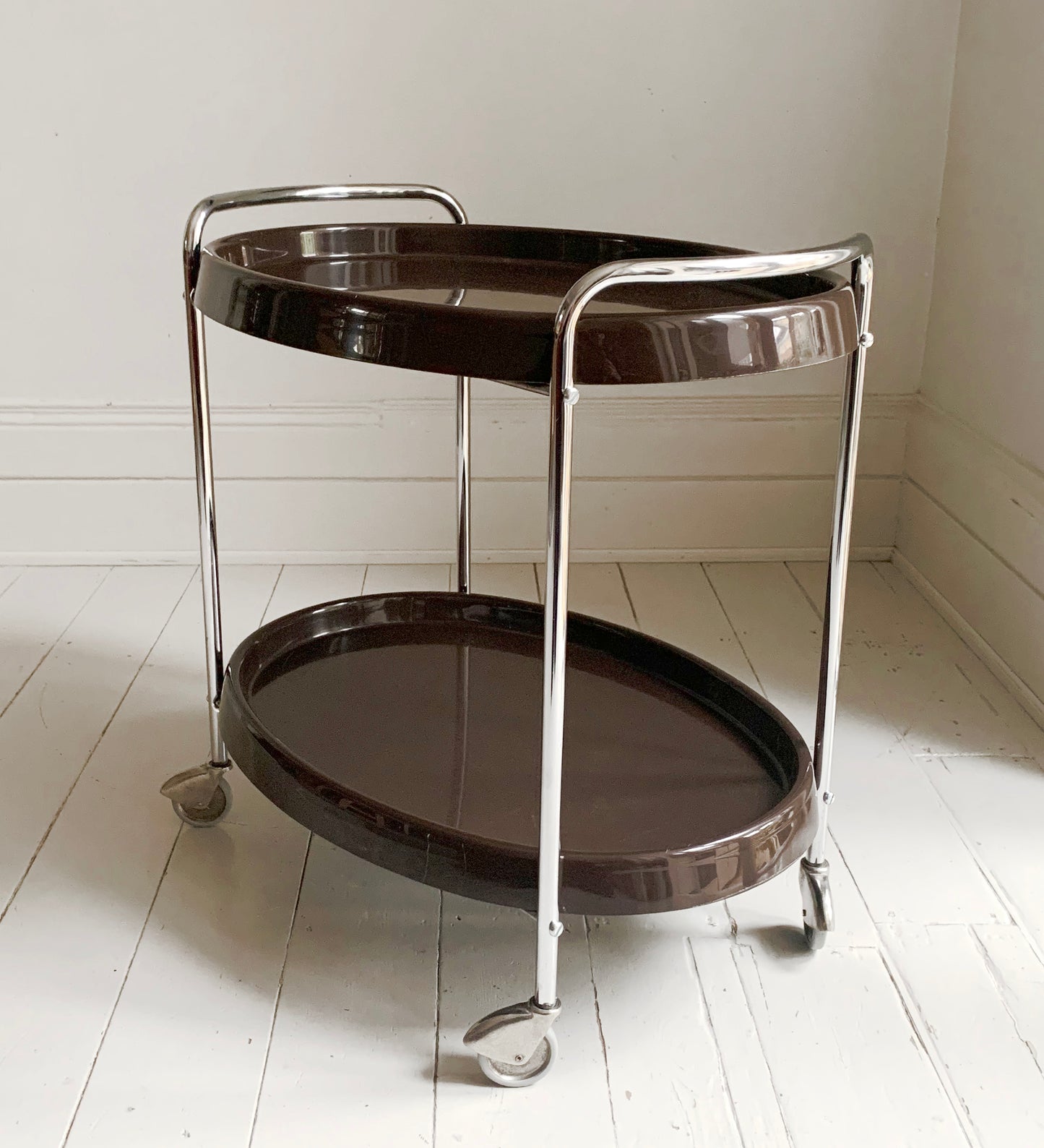 Vintage 1970's Bar Cart / Drinks Trolley / Mid Century Modern Chocolate & Chrome