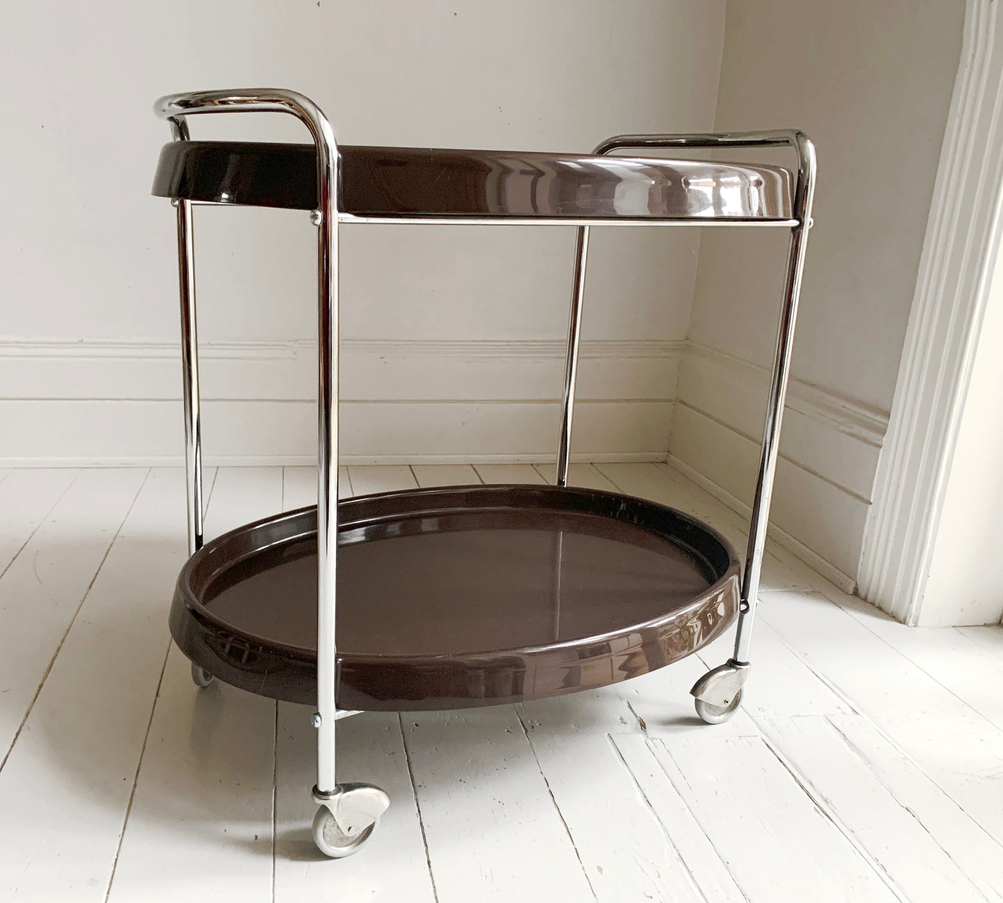 Vintage 1970's Bar Cart / Drinks Trolley / Mid Century Modern Chocolate & Chrome