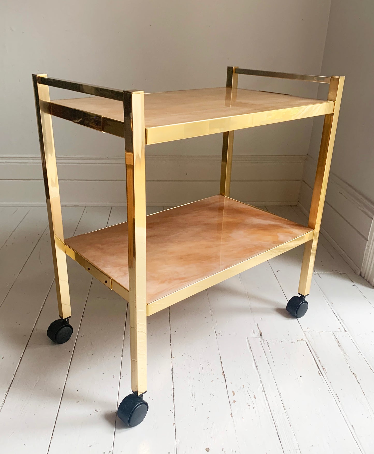 Vintage 1970s Kaymet Gold Drinks Trolley / Bar Cart with Marble Effect Shelves