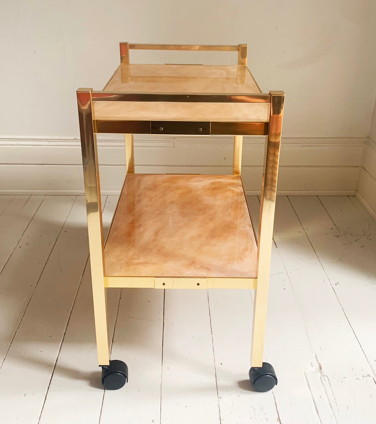 Vintage 1970s Kaymet Gold Drinks Trolley / Bar Cart with Marble Effect Shelves