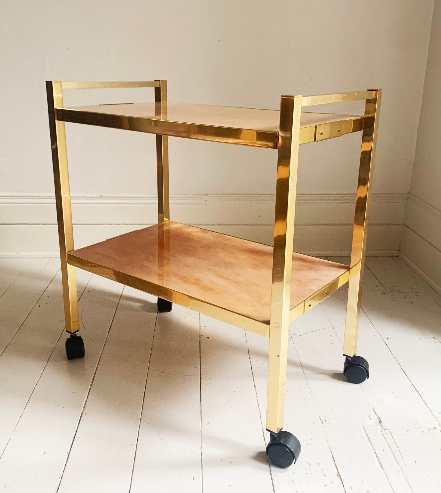 Vintage 1970s Kaymet Gold Drinks Trolley / Bar Cart with Marble Effect Shelves