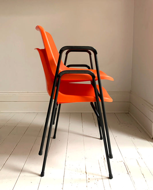 Vintage Robin Day for Hille, Orange & Black Stacking Chairs w/ Arms, 2/10 chairs