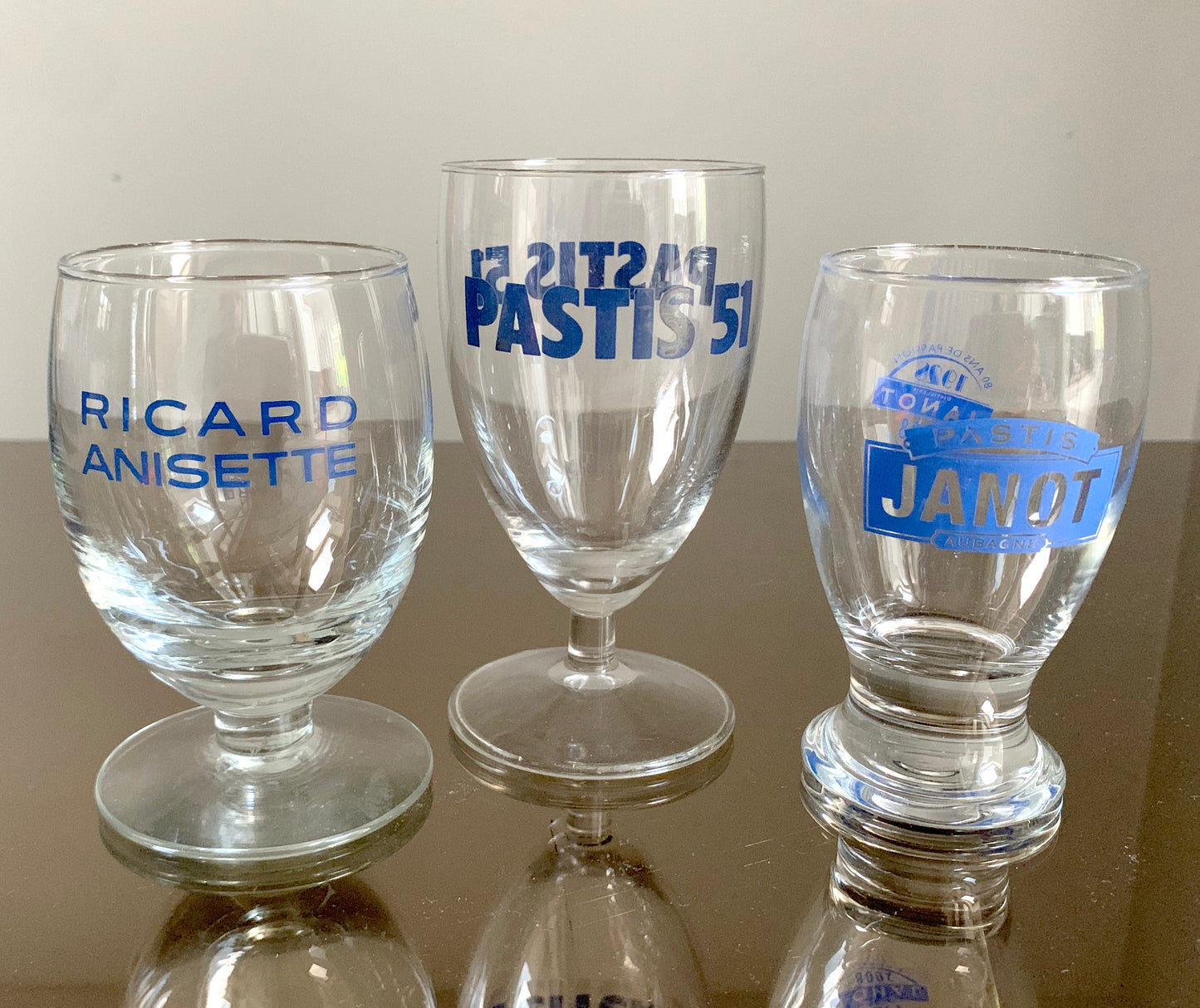 3 x Vintage French Pastis Glasses, Ricard Anisette, Pastis 51 & Pastis Janot