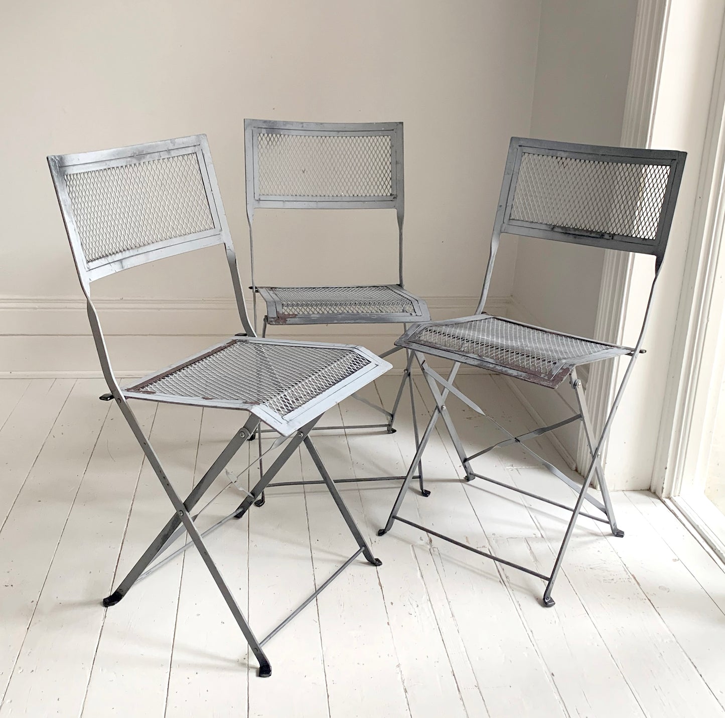 Set of Three Vintage Metal Folding Chairs Indoor / Outdoor - Grey - Great Patina