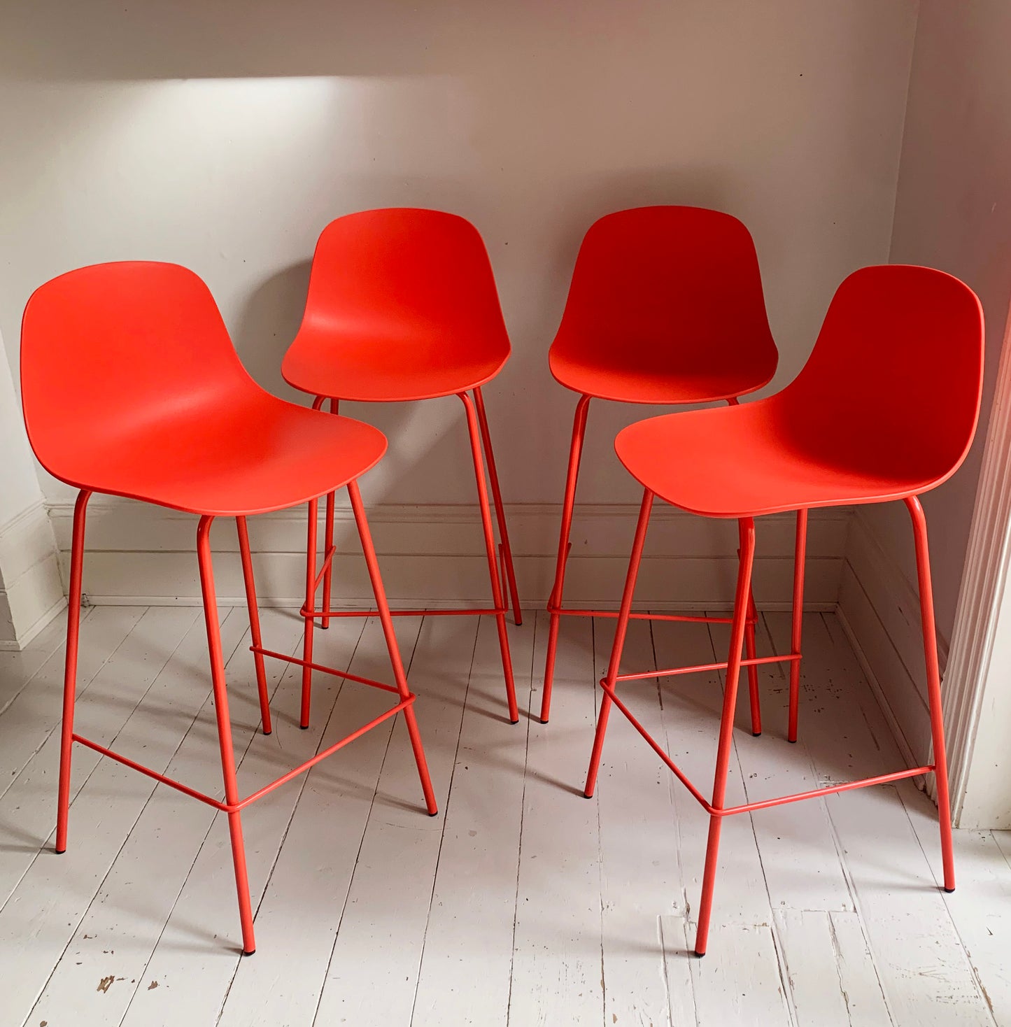 4 x Bright Coral Plastic Bar Stools With Coated Metal Frame