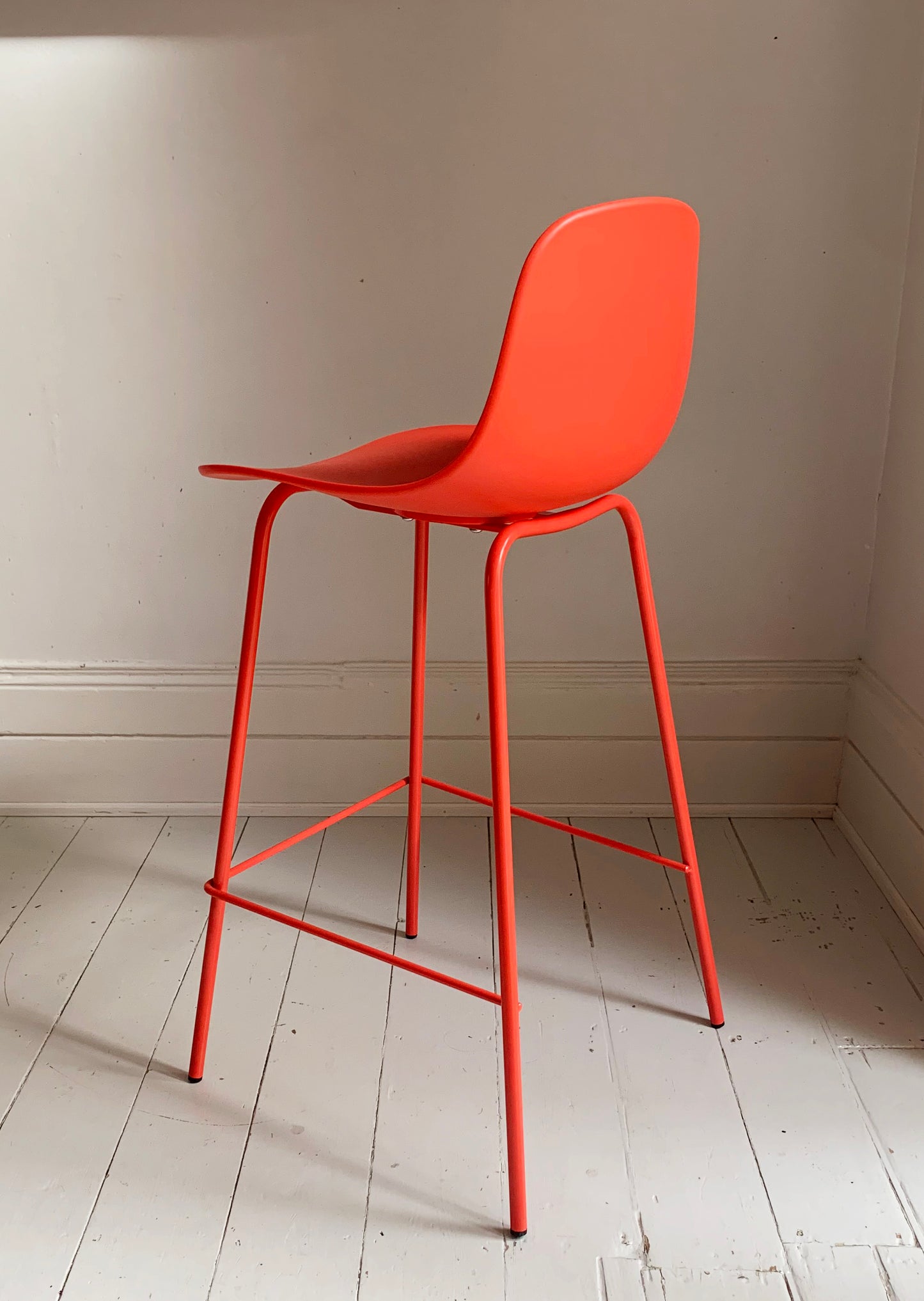 4 x Bright Coral Plastic Bar Stools With Coated Metal Frame