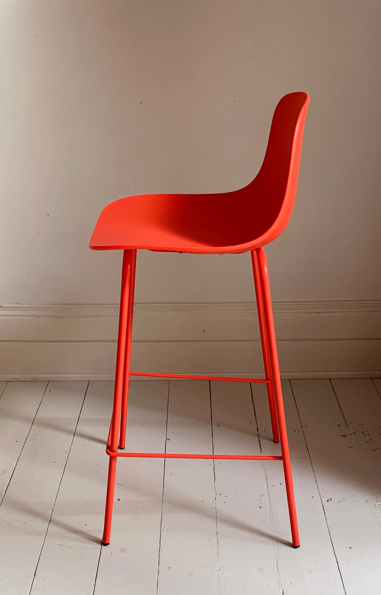 4 x Bright Coral Plastic Bar Stools With Coated Metal Frame