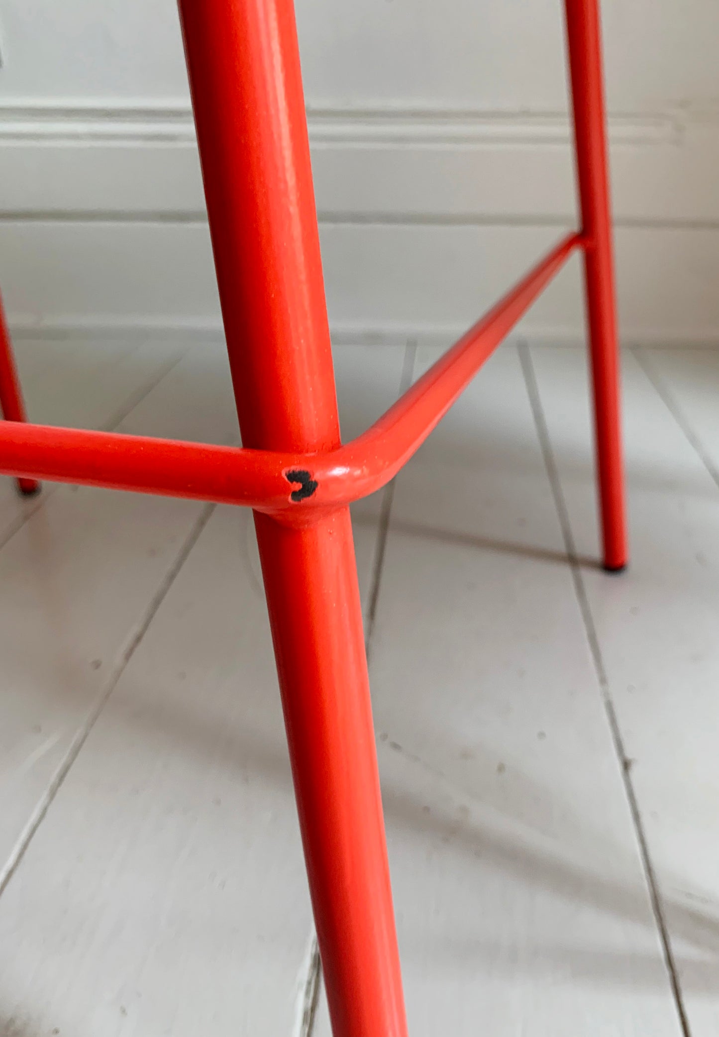 4 x Bright Coral Plastic Bar Stools With Coated Metal Frame