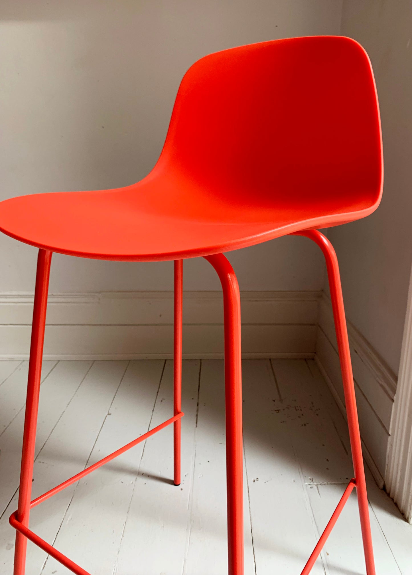 4 x Bright Coral Plastic Bar Stools With Coated Metal Frame