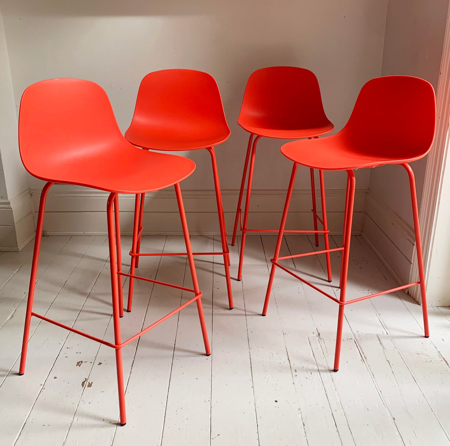 4 x Bright Coral Plastic Bar Stools With Coated Metal Frame