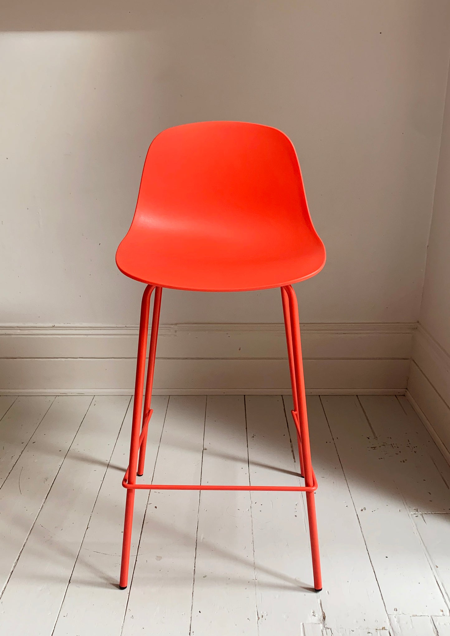 4 x Bright Coral Plastic Bar Stools With Coated Metal Frame