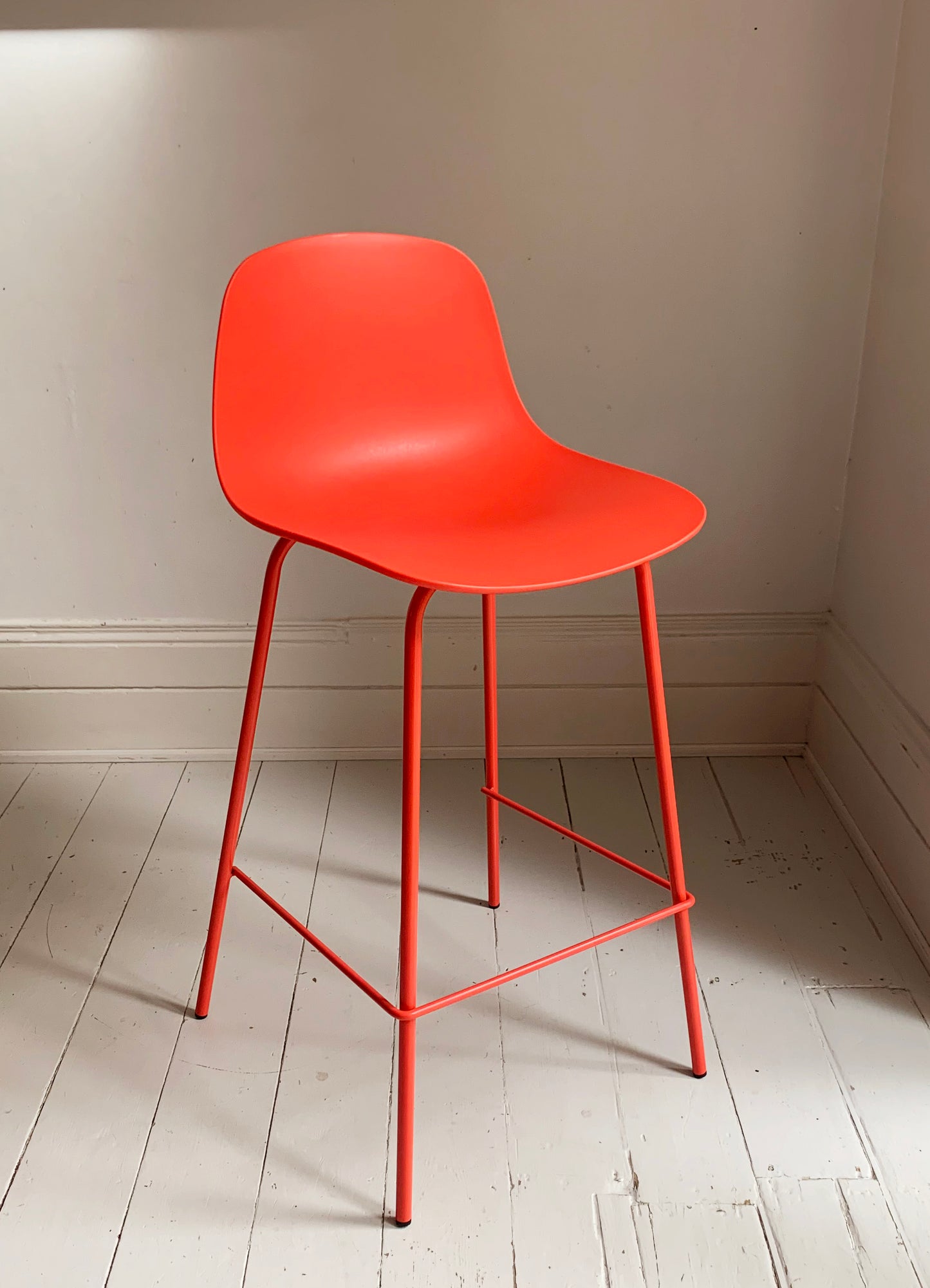 4 x Bright Coral Plastic Bar Stools With Coated Metal Frame