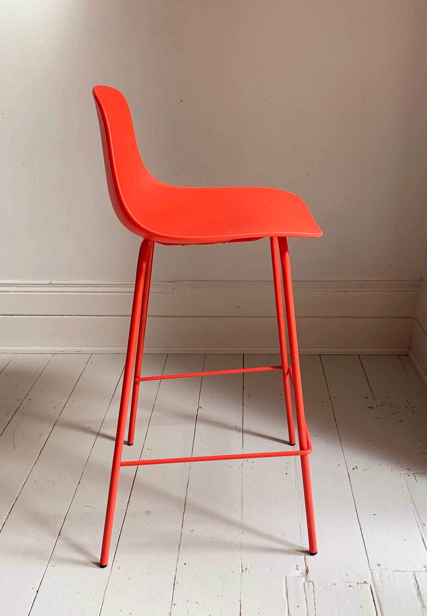 4 x Bright Coral Plastic Bar Stools With Coated Metal Frame