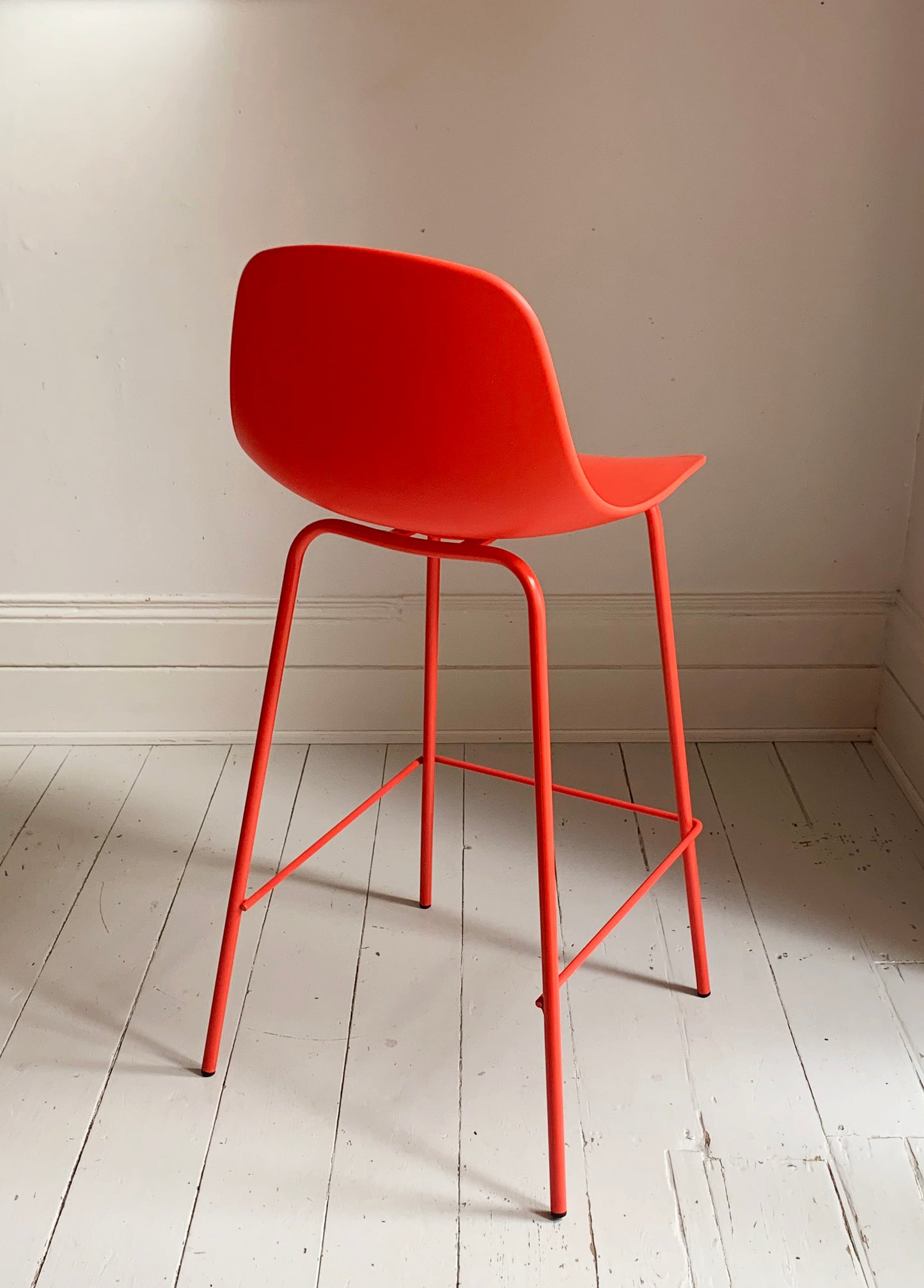 4 x Bright Coral Plastic Bar Stools With Coated Metal Frame