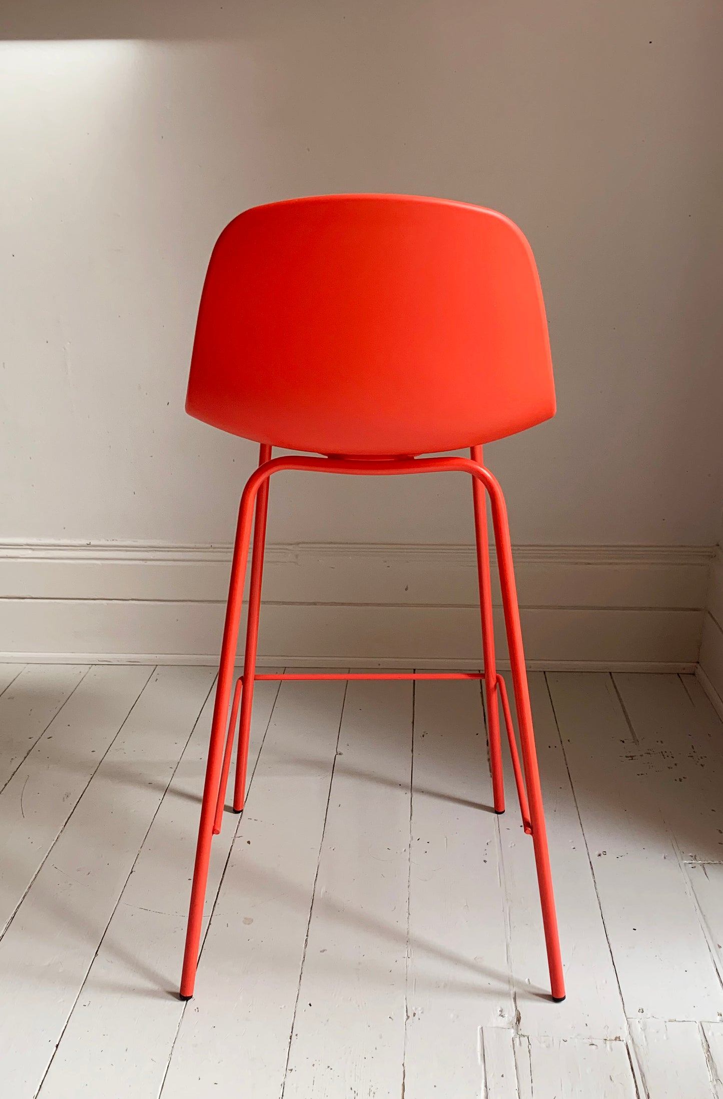 4 x Bright Coral Plastic Bar Stools With Coated Metal Frame