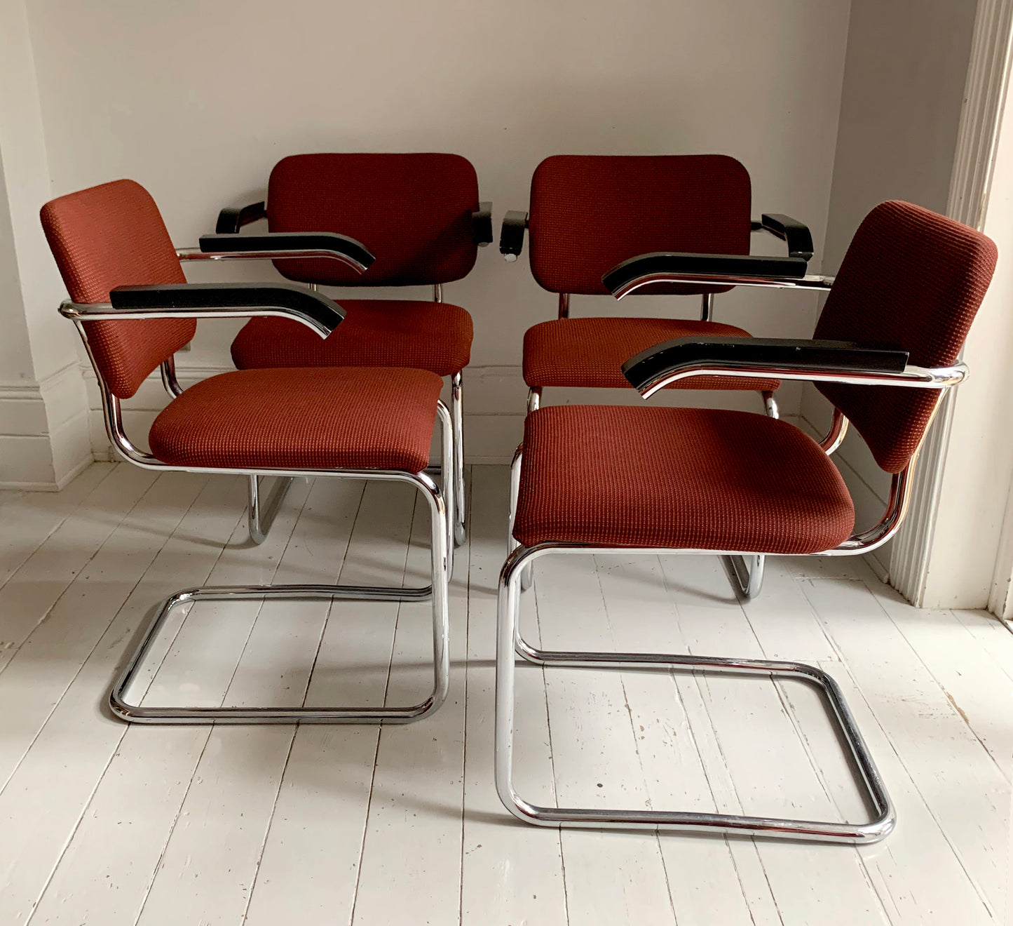 4 x Genuine Knoll Studio Cesca Chairs / Upholstered in Terracotta Fabric