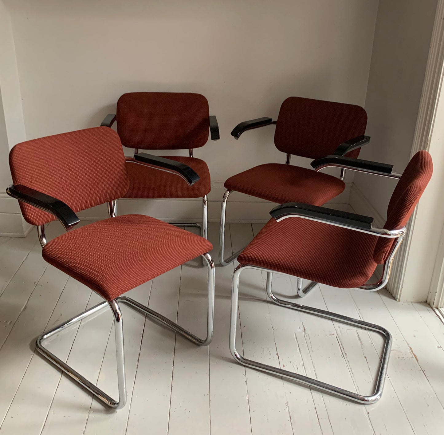 4 x Genuine Knoll Studio Cesca Chairs / Upholstered in Terracotta Fabric