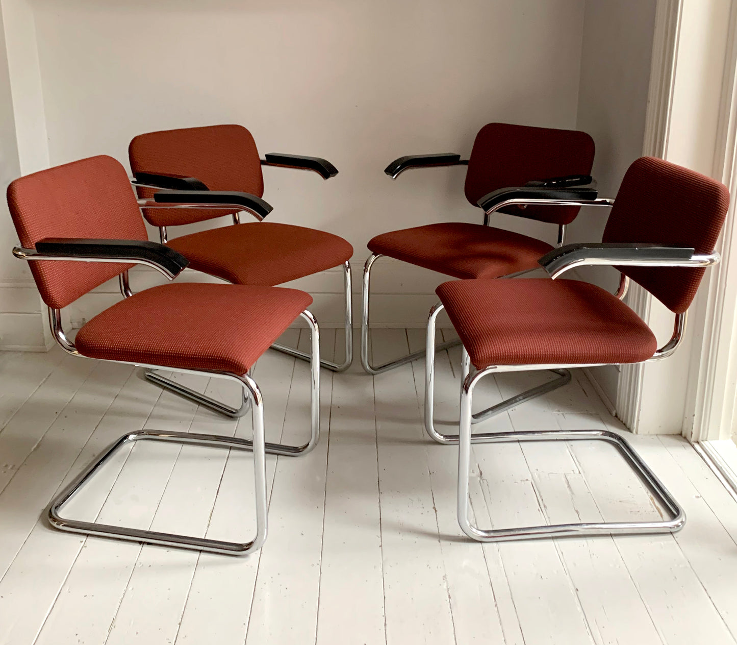 4 x Genuine Knoll Studio Cesca Chairs / Upholstered in Terracotta Fabric