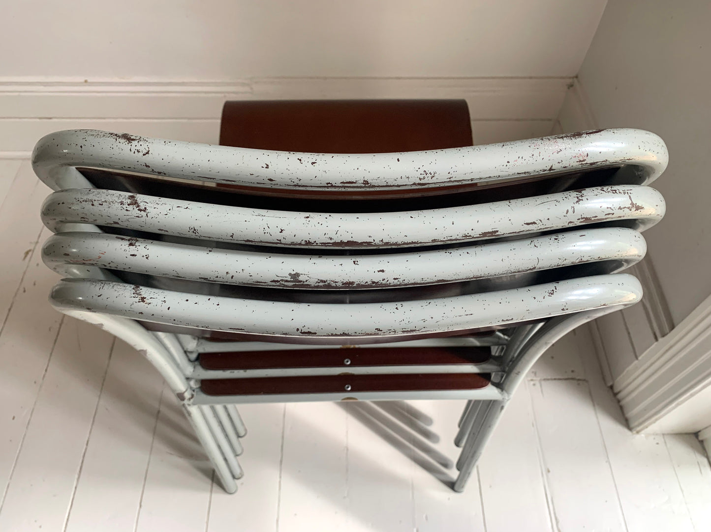 4xVintage 'Nest-A-Bye' Stacking Chairs Pale Grey/Blue Tubular Metal /Brown Seats