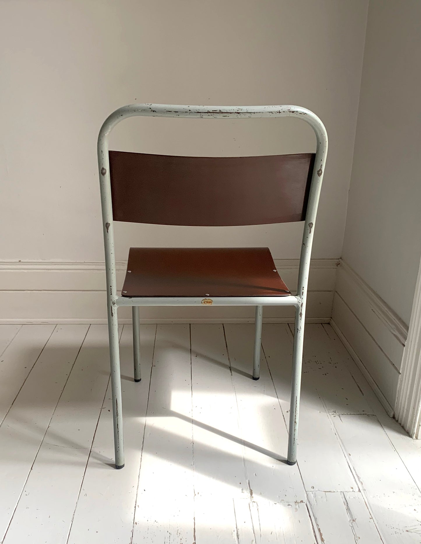4xVintage 'Nest-A-Bye' Stacking Chairs Pale Grey/Blue Tubular Metal /Brown Seats