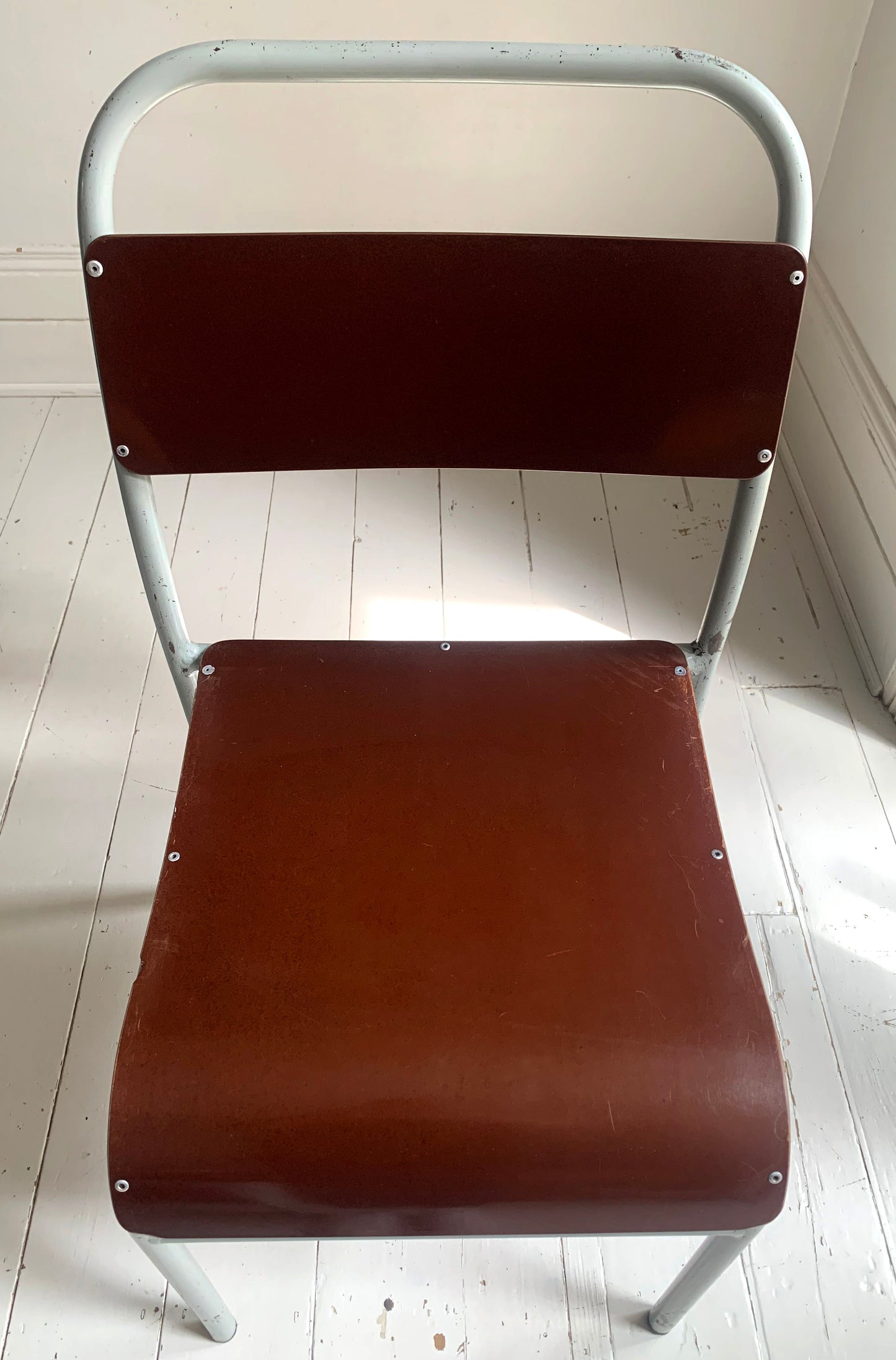 4xVintage 'Nest-A-Bye' Stacking Chairs Pale Grey/Blue Tubular Metal /Brown Seats